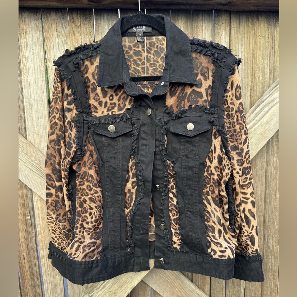 A.Z.I New York Black Raw Raw Edge Denim Leopard Print Women's Jacket